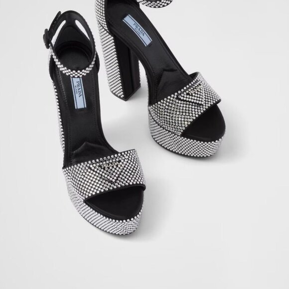 Prada Satin Black Embellished Platform Heels Logo Crystal Pumps Sandals - Picture 3 of 9